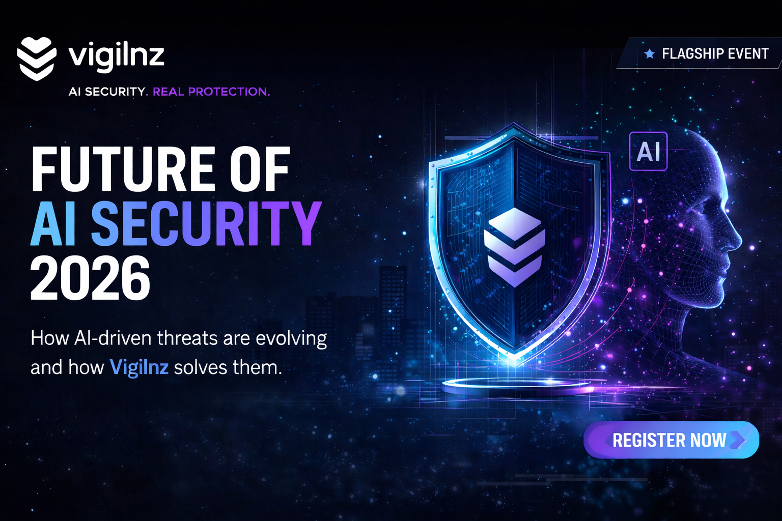 Futuristic AI security visual featuring a glowing digital shield, neural network human profile, and advanced cyber defense elements representing real-time protection against AI-driven threats.